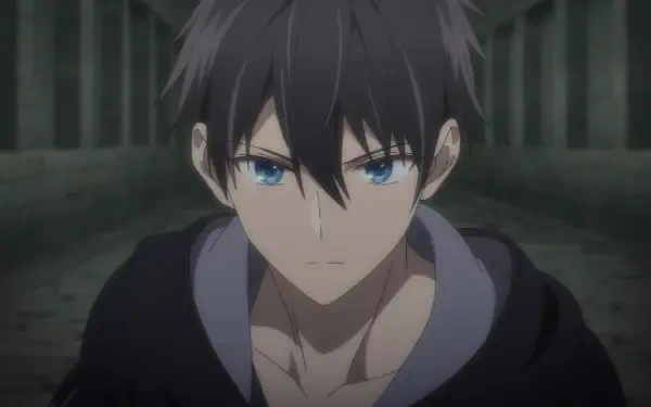 Orhun Dura from Jack-of-All-Trades Party of None — close-up anime portrait with dark hair and blue eyes against a dim corridor; HD PC desktop wallpaper background.