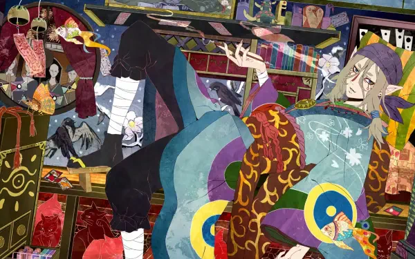 Anime HD PC desktop wallpaper of Mononoke’s Kusuriuri reclining amid ornate, colorful patterns, mystical talismans and surreal, layered backgrounds conveying a haunting, stylized atmosphere.