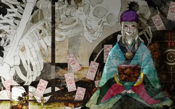 HD PC desktop wallpaper of Kusuriuri (Mononoke): the pale-clad anime boy Medicine Seller seated before a giant skeleton, talisman papers drifting across a textured, eerie background.