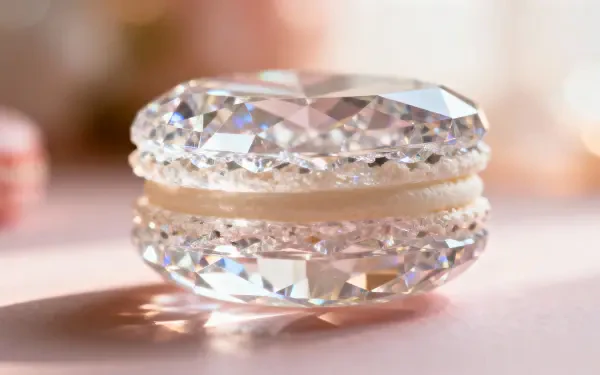 Faceted crystal macaron with creamy filling on a soft pink bokeh background — 4K Ultra HD PC desktop wallpaper and background.