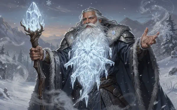 4K Ultra HD PC desktop wallpaper of a bearded wizard in a fur cloak, conjuring a crystalline snow-spirit from his staff in a snowy fantasy winter mountain landscape.