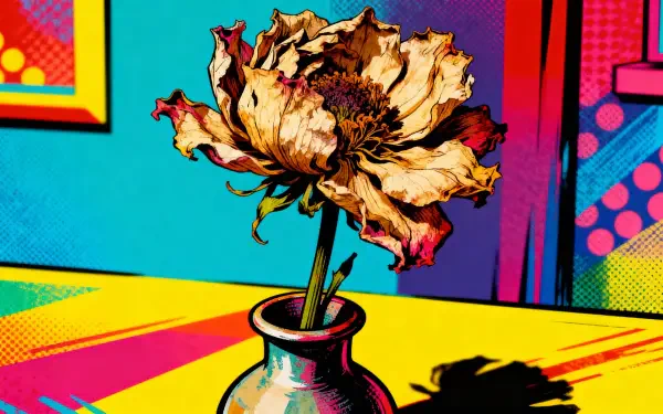 4K Ultra HD PC desktop wallpaper and background: pop-art dried flower in a vase with detailed, curled petals and a sharp shadow against bold, colorful geometric panels.