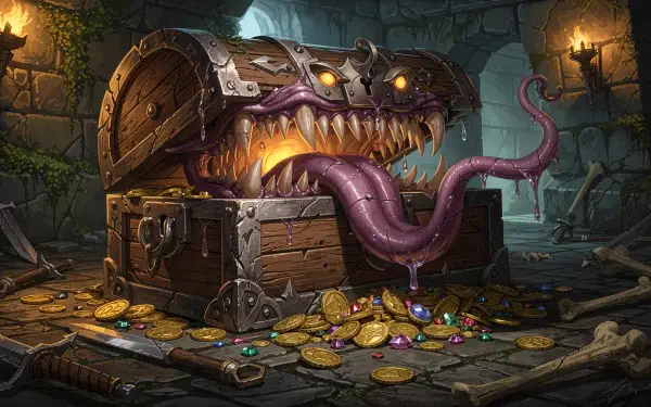 4K Ultra HD PC desktop wallpaper: fantasy mimic — a treasure chest with a toothy maw, glowing eyes and a long purple tongue, spilling gold coins in a torchlit dungeon.
