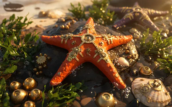 4K Ultra HD PC Desktop Wallpaper and Background: ornate orange starfish close-up on seaweed-strewn sand, surrounded by shells and golden beads glinting in warm sunlight.