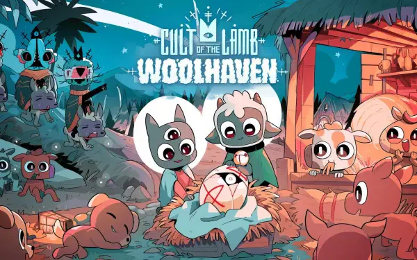 Cult of the Lamb: Woolhaven HD PC desktop wallpaper/background — whimsical video game art of animal followers gathered around a sleeping lamb in a cozy village at night.