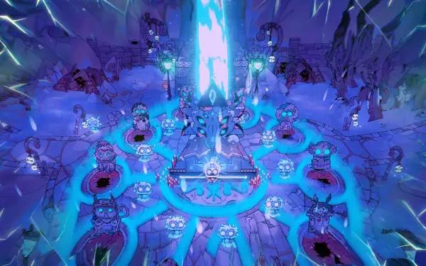 Video game HD PC desktop wallpaper and background — Cult of the Lamb: Woolhaven: neon-blue ritual chamber with a glowing monolith and robed followers gathered at circular altars in an icy cavern.