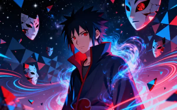 Obito Uchiha in Akatsuki cloak, red Sharingan eyes, surrounded by swirling blue-red chakra, floating masks and geometric shards — 4K Ultra HD PC desktop wallpaper background.
