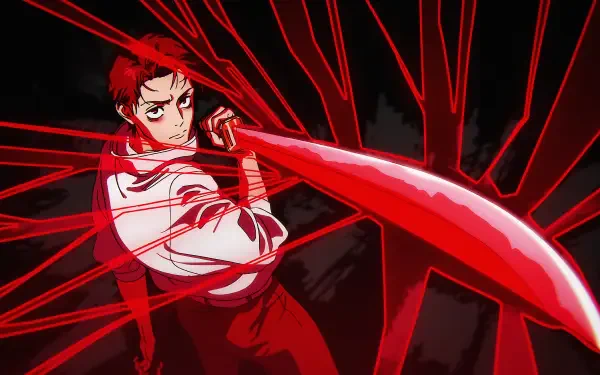 Yuta Okkotsu from Jujutsu Kaisen 3rd Season unleashing a crimson energy slash amid red streaks — 4K Ultra HD PC desktop wallpaper.