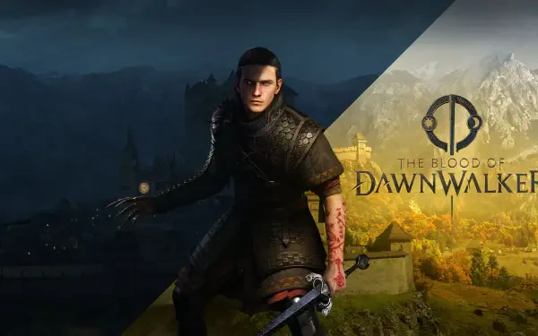 HD PC desktop wallpaper — video game artwork for The Blood of Dawnwalker: bloodstained armored hero with sword between a shadowed city and sunlit valley, game logo visible.