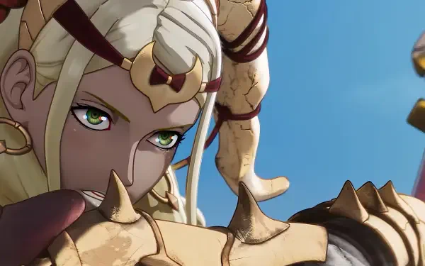 HD PC desktop wallpaper: close-up of a blonde, green-eyed warrior in ornate horned golden armor against a clear blue sky from the video game Fire Emblem: Fortune's Weave.