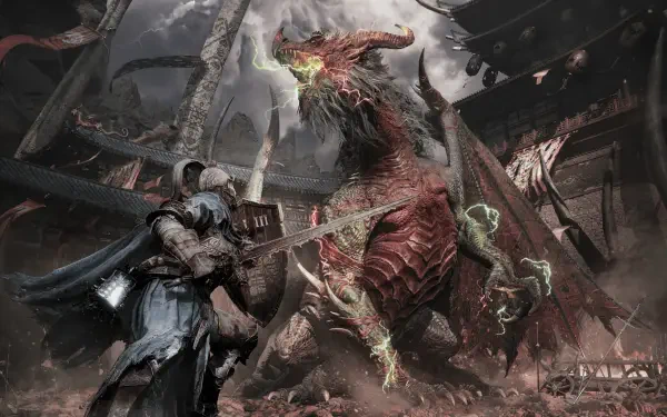 4K Ultra HD PC desktop wallpaper from the video game The Lords of the Fallen II: armored knight confronts a towering lightning-dragon amid a shattered temple under a stormy, lightning-filled sky.