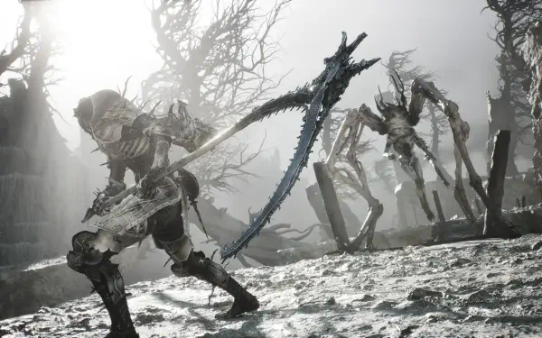 Video game Mortal Shell II HD PC desktop wallpaper: armored warrior with a jagged scythe confronts spider-like undead amid a foggy, desolate battlefield.