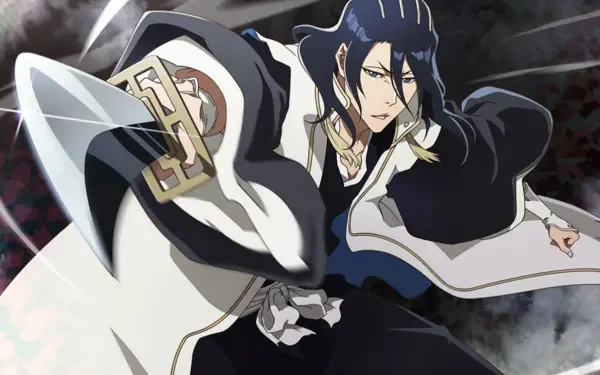 Byakuya Kuchiki from Bleach lunges with his zanpakutō drawn, wearing his captain's haori and kenseikan — dramatic 2K Quad HD anime PC desktop wallpaper.