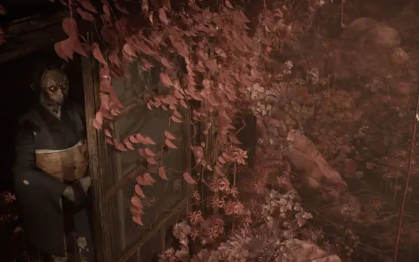 Silent Hill F video game 4K Ultra HD PC desktop wallpaper: a masked humanoid peers from a dark doorway as crimson vines and dusty light fill the corridor.