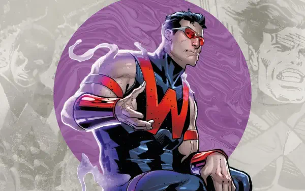 Marvel Comics Wonder Man comic-style portrait: superhero in red-and-black costume seated before a purple circle, HD PC desktop wallpaper and background.