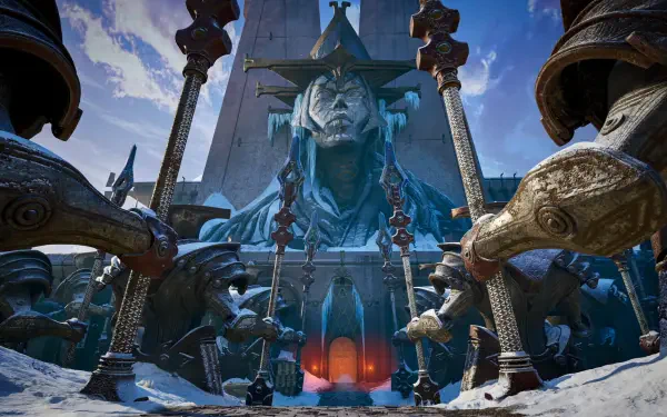 HD PC desktop wallpaper of a Highguard video game environment: towering icy fortress with a colossal sculpted face, ornate pillars and a glowing red entrance beneath a stormy sky.