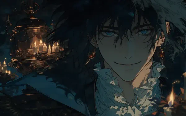 2K Quad HD Studio Ghibli–inspired AI anime wallpaper: moody Howl's Moving Castle portrait of a dark-haired sorcerer with teal eyes, ruffled shirt, and candlelit gothic background.