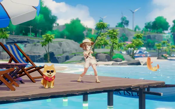 Video game HD PC desktop wallpaper: Starsand Island scene — character fishing on a wooden dock with a small dog, tropical beach, wind turbines and loungers under blue sky