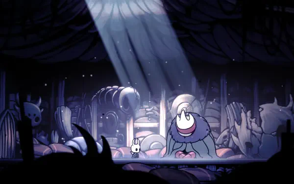HD PC desktop wallpaper: Hollow Knight and Mato (Hollow Knight) sit meditating on a ruined stage under a shaft of light, a quiet adventure scene of stillness and mystery.