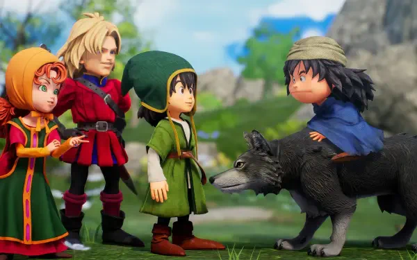 HD PC wallpaper and desktop background for the video game DRAGON QUEST VII Reimagined: four chibi-style adventurers in colorful medieval garb meeting a wolf on a sunny grassy hill.
