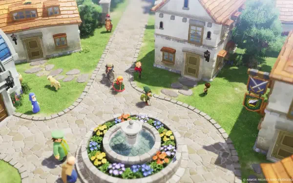 HD PC desktop wallpaper of the video game DRAGON QUEST VII Reimagined: bright chibi-style village square with a flowered fountain, cobblestone streets, villagers and stone houses under leafy trees.