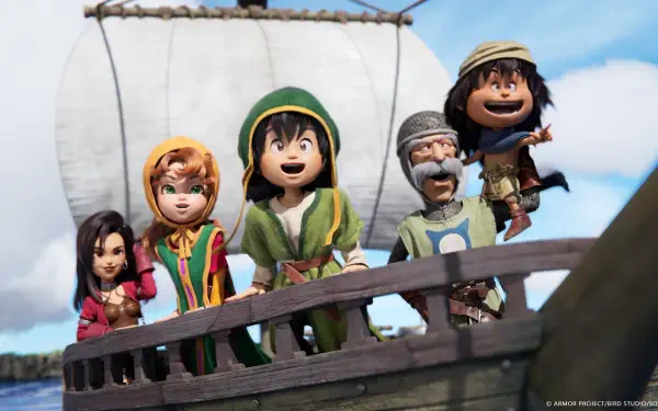 HD PC desktop wallpaper of DRAGON QUEST VII Reimagined: five cheerful adventurers on a ship's deck with a billowing sail and bright sky, a lively video game adventure scene.