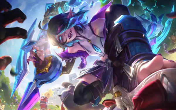 8K Ultra HD PC desktop wallpaper — League of Legends' Briar, a beast-like champion, lunges forward with claws and glowing blades amid shattered crystals and crackling lightning.