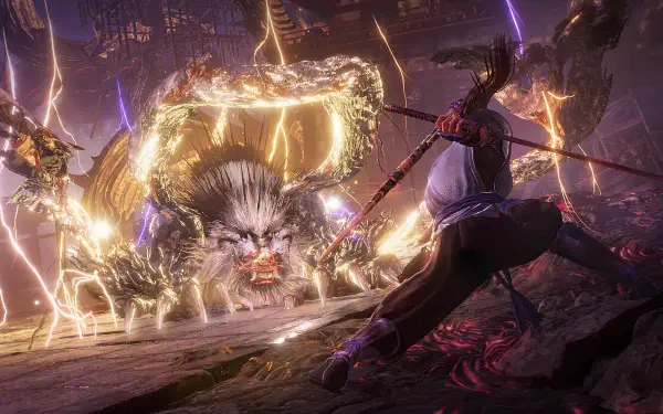 HD PC desktop wallpaper of Nioh 3 video game: a samurai lunges with spear at a lightning-wreathed demonic boar amid a stormy, glowing battlefield