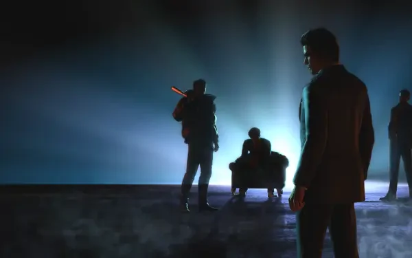 4K Ultra HD PC wallpaper — smoky, high-contrast scene from Like a Dragon Gaiden: The Man Who Erased His Name, Kazuma Kiryu in silhouette with three yakuza figures and dramatic backlight.