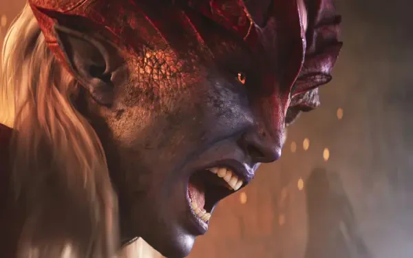 Close-up of Shyvana from League of Legends in demonic form, snarling in a firelit scene — 4K Ultra HD PC desktop wallpaper.