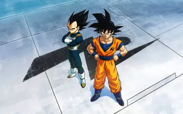 Goku (orange gi) and Vegeta (blue armor) stand side by side on a concrete platform — Dragon Ball Super: The Galactic Patrol 4K Ultra HD PC desktop wallpaper