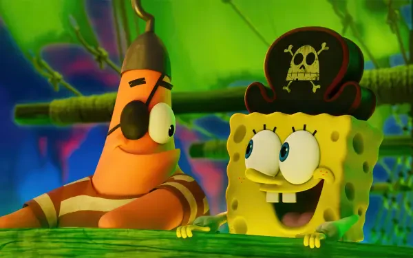 4K Ultra HD PC desktop wallpaper of SpongeBob SquarePants and Patrick Star in pirate costumes from The SpongeBob Movie: Search for SquarePants, smiling aboard a colorful ship.
