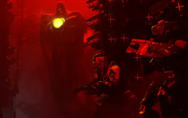 Red-tinted Marathon (video game) 2K Quad HD PC desktop wallpaper: armed marines and a towering armored mech with a glowing core in a dark industrial corridor.