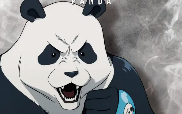 Anime 2K Quad HD PC desktop wallpaper of Panda from Jujutsu Kaisen, snarling with clenched fist against a smoky gray background.