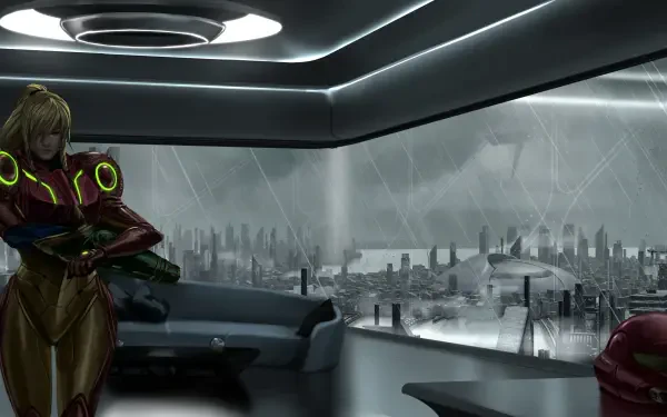 2K digital art PC wallpaper of Samus Aran (Metroid Prime) in her suit, standing in a ship's observation bay overlooking a sprawling futuristic cityscape.