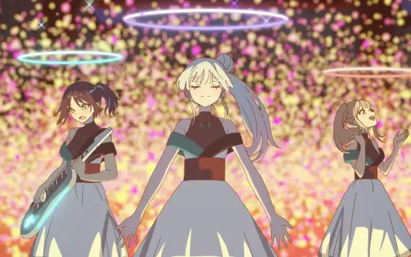 HD PC desktop wallpaper of Cosmic Princess Kaguya! anime: three princesses in flowing gowns with glowing halos standing against a shimmering cosmic confetti backdrop.