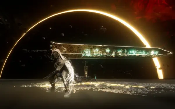 Dark RPG scene from Clair Obscur: Expedition 33 — lone warrior wielding a colossal glowing sword beneath a golden arc; 2K Quad HD PC desktop wallpaper/background.