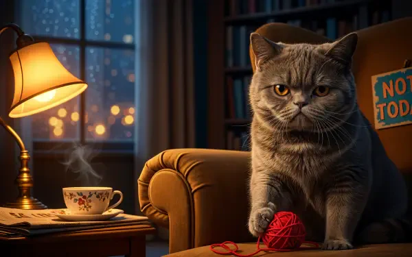 Grumpy gray cat perched on an armchair pawing red yarn beside a steaming teacup and lamp, Not Today sign and city night window in the background — 4K Ultra HD PC desktop wallpaper.