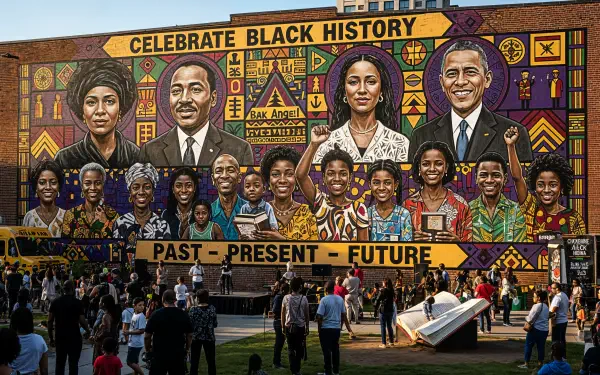 4K Ultra HD PC desktop wallpaper: vibrant Black History Month mural titled Past - Present - Future with stylized leaders' portraits, colorful African patterns and a crowd gathered below.