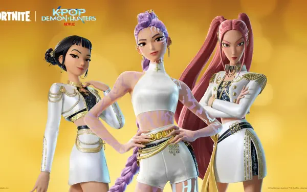 HD Fortnite PC desktop wallpaper showing KPop Demon Hunters trio Zoey, Mira, and Rumi posing in white and gold outfits against a warm yellow background.