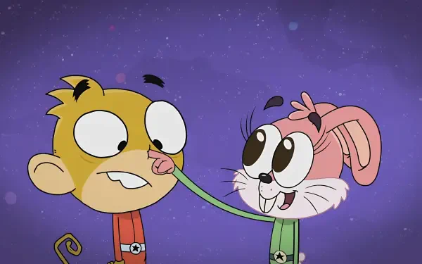Cartoon Rocket Monkeys 4K Ultra HD PC desktop wallpaper: two wide-eyed Rocket Monkeys characters — yellow and pink — a long green tongue playfully touches the other's nose against a purple starry background.