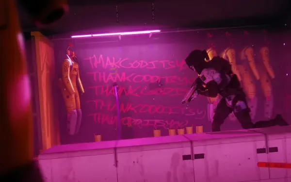 Marathon (Video Game) 4K Ultra HD PC desktop wallpaper and background — neon-pink corridor with an armored figure aiming at a mannequin beside graffiti-scarred walls and lockers.