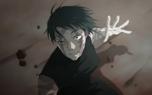 4K Ultra HD PC desktop wallpaper of Maki Zenin from Jujutsu Kaisen — dynamic low-angle action shot of her reaching forward amid debris, moody shadows and sharp detail.