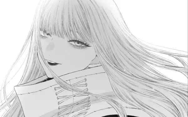 Monochrome anime portrait of Marin Kitagawa from My Dress-Up Darling, flowing hair and a soft smile — 2K Quad HD PC desktop wallpaper/background.