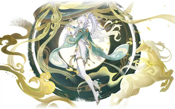 HD PC wallpaper of Zibai from Genshin Impact (ARPG): an ethereal figure in green-and-white robes, floating inside a gold-rimmed celestial circle with flowing ribbons.