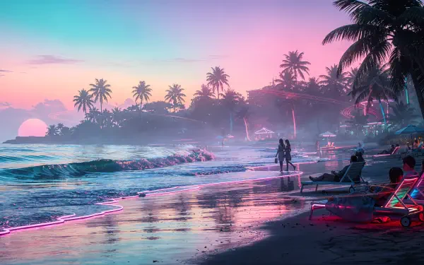 4K Ultra HD PC desktop wallpaper of a neon sunset beach vacation: palm-lined shore, silhouetted figures and loungers, gentle waves reflecting pink and teal light.