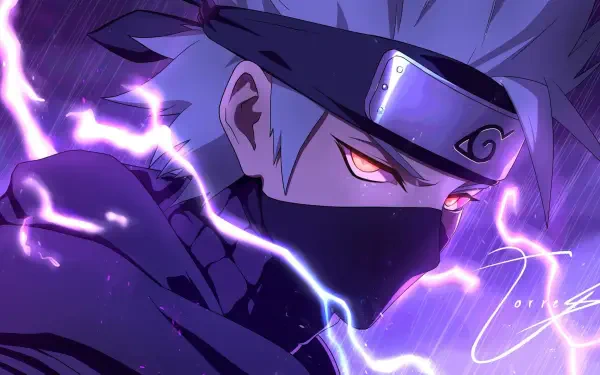 Purple-toned anime HD PC desktop wallpaper of Naruto's Kakashi Hatake, close-up with headband, mask, Sharingan eye and crackling purple lightning.