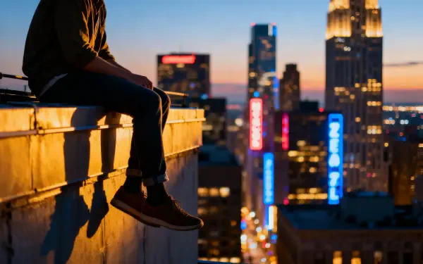 Silhouetted person sitting on a rooftop ledge at dusk overlooking a neon-lit city skyline — 4K Ultra HD PC Desktop Wallpaper and Background.