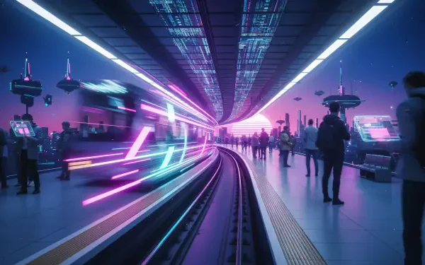 4K Ultra HD PC desktop wallpaper: neon cyberpunk train station with curved tracks, glowing light trails and silhouetted commuters beneath magenta and cyan lights.