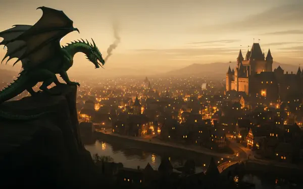 4K Ultra HD PC desktop wallpaper and background — a dragon perches on a cliff, smoke curling from its maw as it watches a glowing medieval city and castle at dusk.